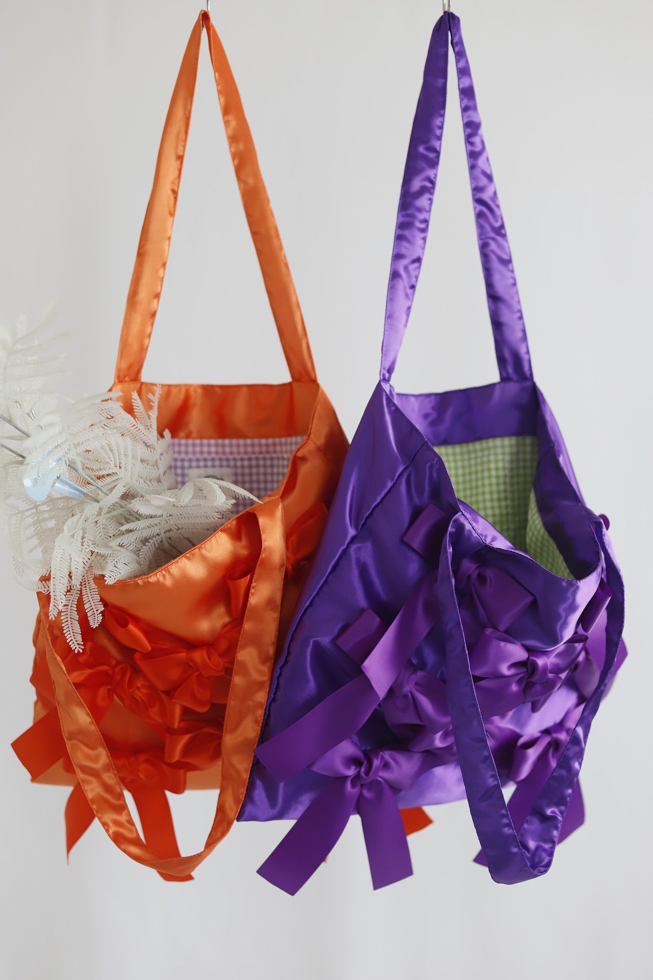 PASSION ORANGE × GINGHAM CHECK　 satin ribbon tote bag