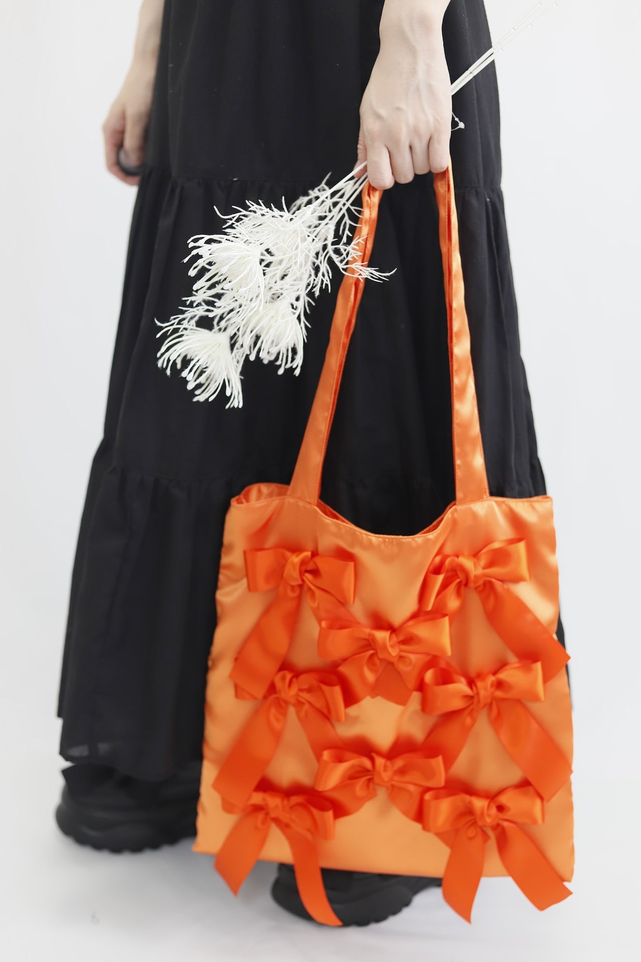 PASSION ORANGE × GINGHAM CHECK　 satin ribbon tote bag